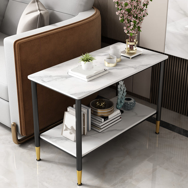 Rectangular Stone 4 Legs Side Table 21.65 Inch Tall One-Shelf End Table