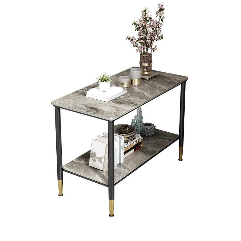 Rectangular Stone 4 Legs Side Table 21.65 Inch Tall One-Shelf End Table