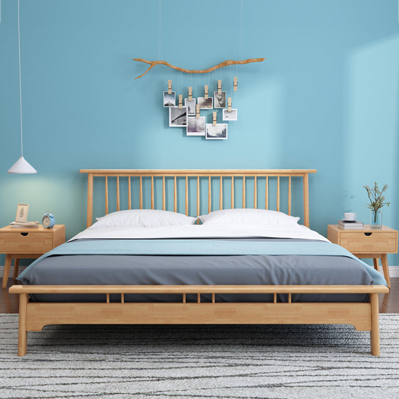 Scandinavian Wooden Slat Bed with Rectangular Spindle Headboard