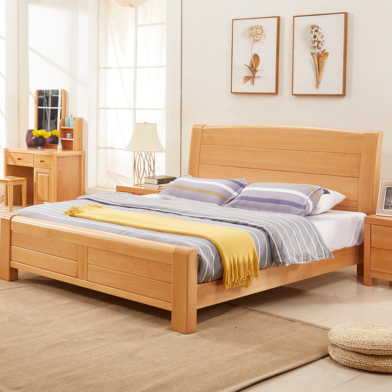 Scandinavian Beech Wood Bed with Legs and Sleigh Headboard in Natural