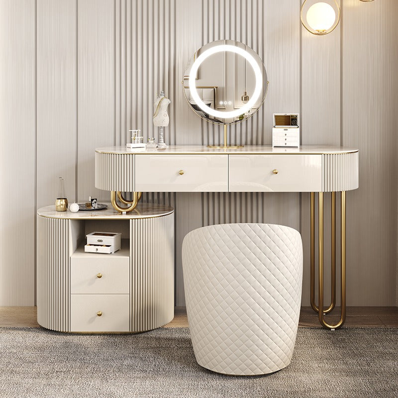 Beige Vanity Dressing Table Set Glossy Finish Dresser with Wood Drawers