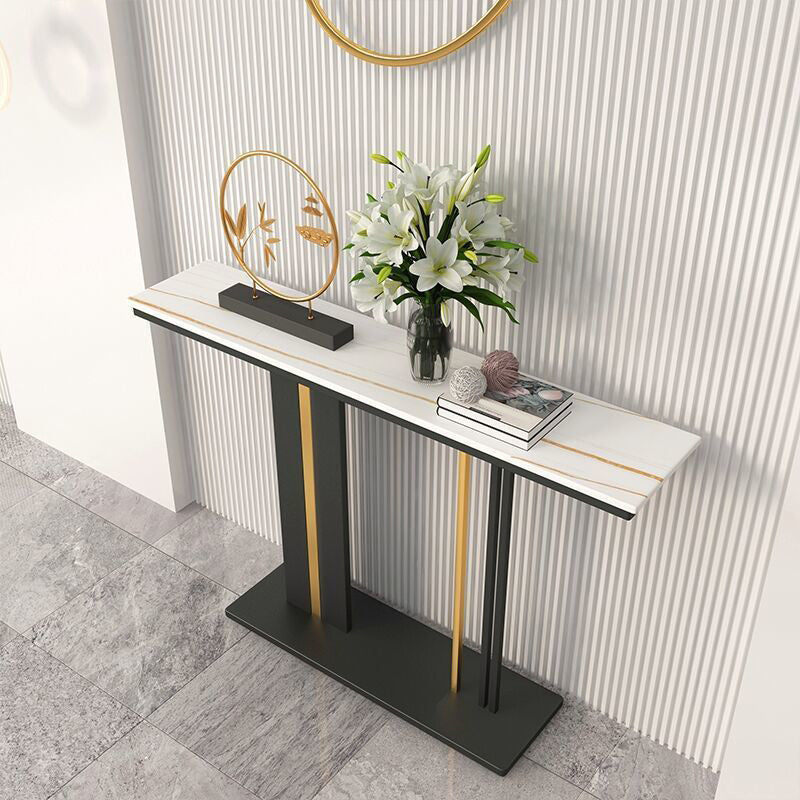 Contemporary Style Console Table with Stone Top and Pedestal Base for Hall