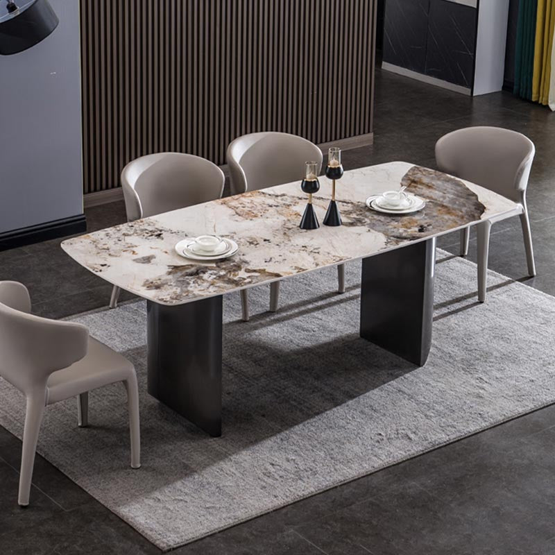 Modern Black Base Dinner Room Kitchen Table Rectangle Stone Dinette Table