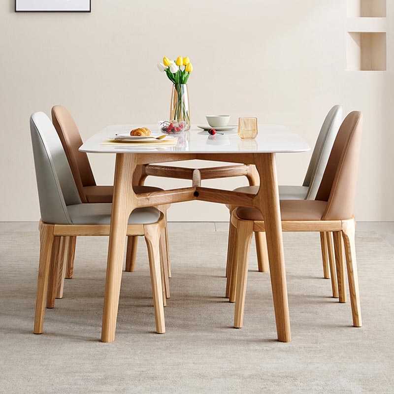 Modern White Stone Top Dinner Table Rectangle Natural Finish Legs Dinette Table
