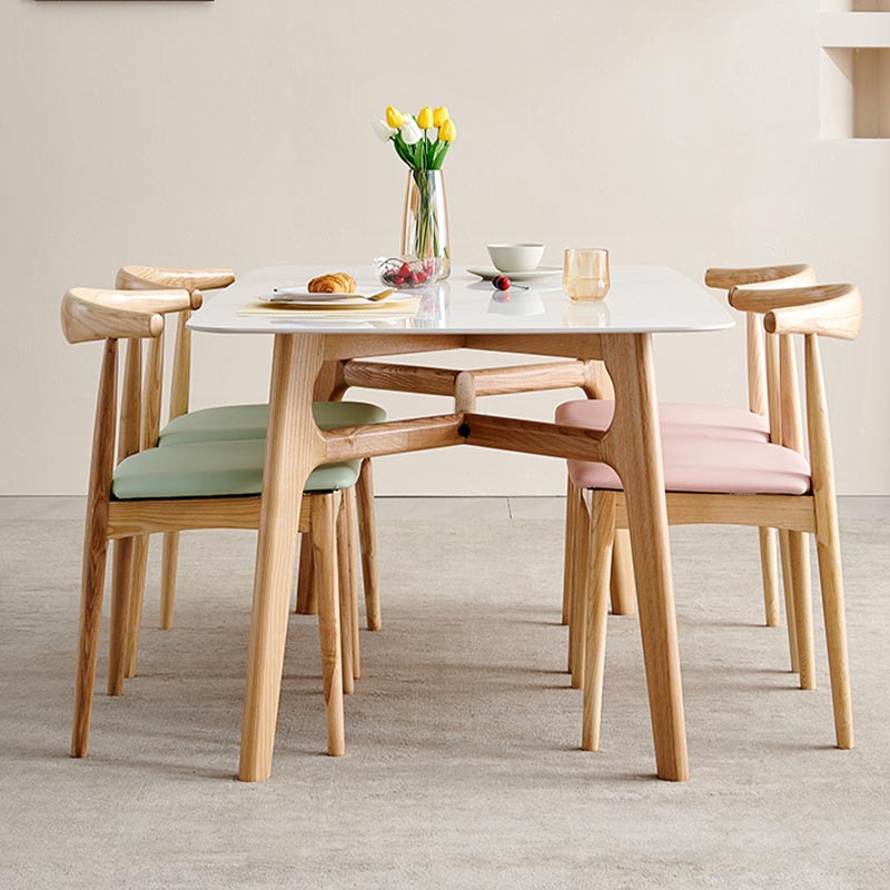 Modern White Stone Top Dinner Table Rectangle Natural Finish Legs Dinette Table