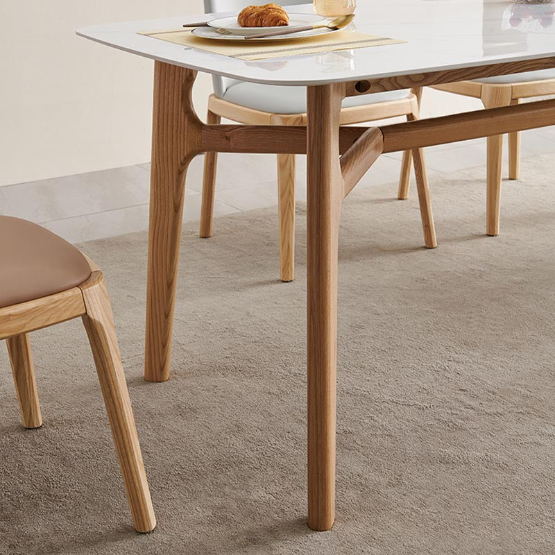 Modern White Stone Top Dinner Table Rectangle Natural Finish Legs Dinette Table