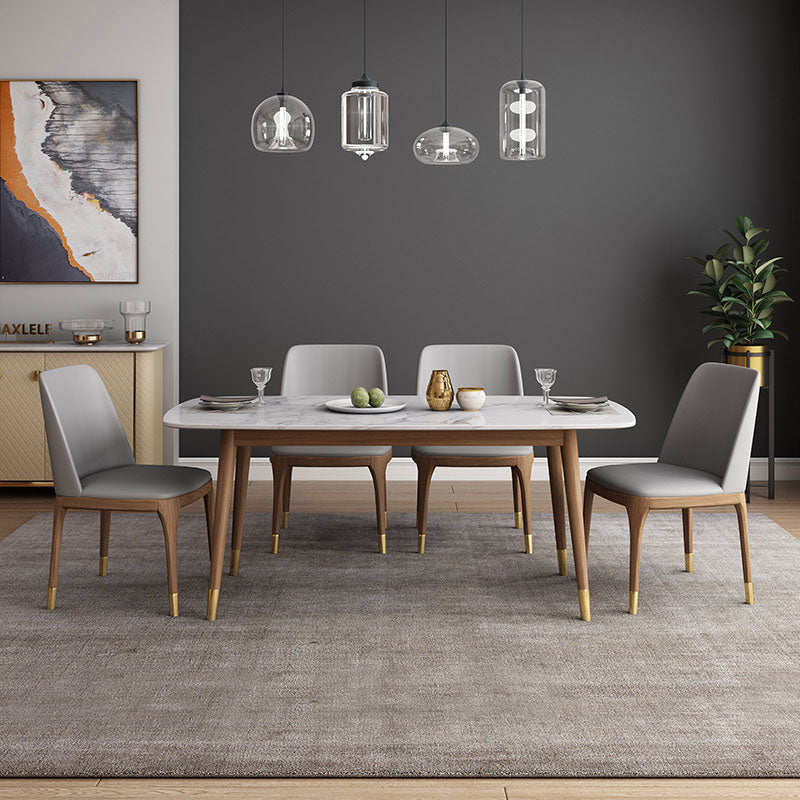 Stone Top Dining Table Mid-Century Modern Table with 4 Wood Legs