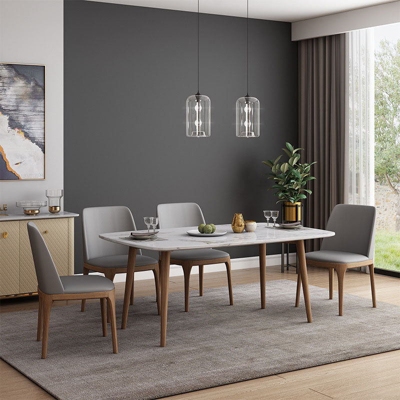 Stone Top Dining Table Mid-Century Modern Table with 4 Wood Legs