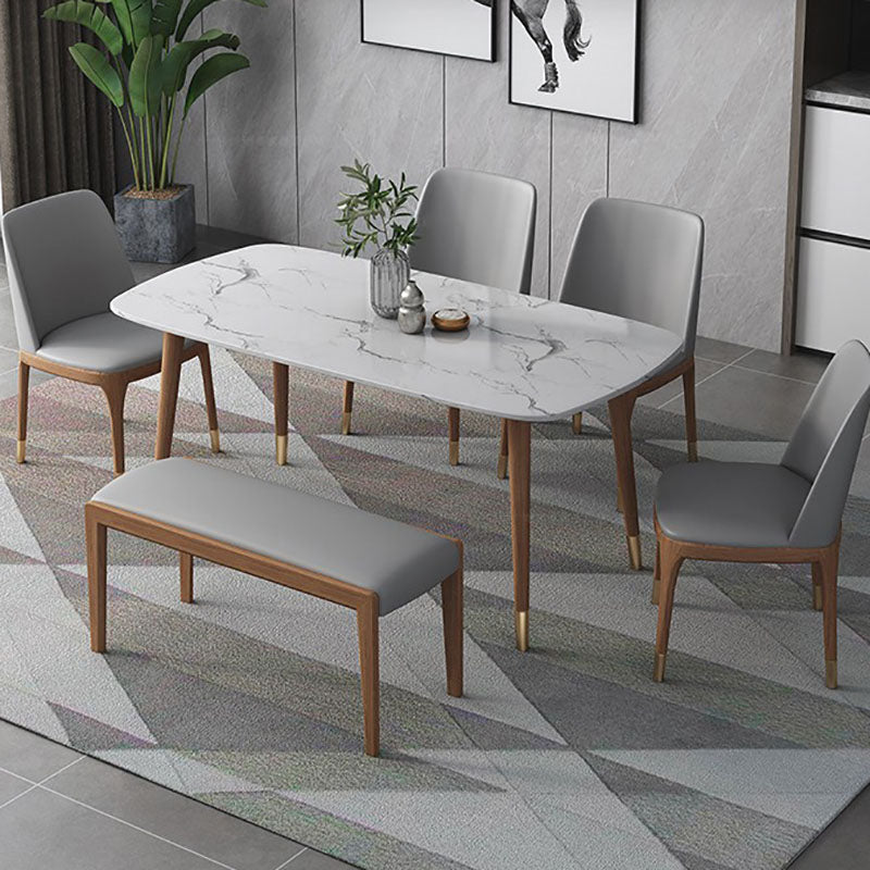 Stone Top Dining Table Mid-Century Modern Table with 4 Wood Legs