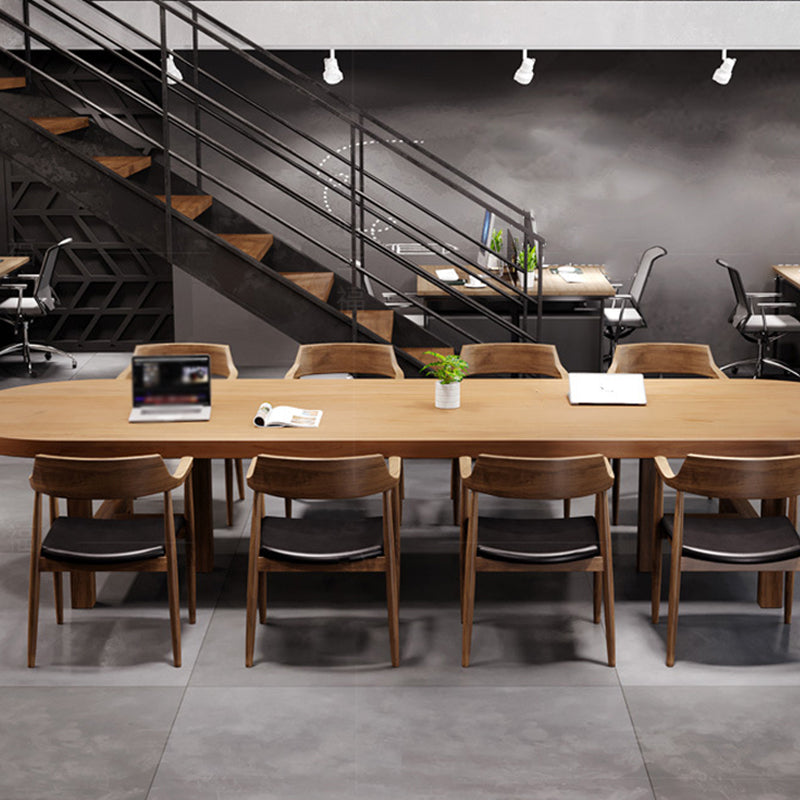 Pine Wood Top Dining Table Modern Oval Table with Double Pedestal Base