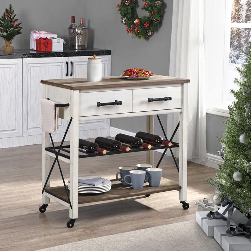 Modern Rolling Kitchen Cart Wood Rectangular Kitchen Island Cart with Open Storage