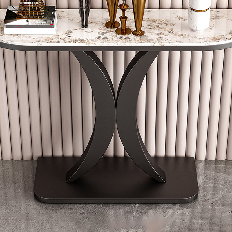 Glam Half Moon Accent Table with Stone Top and Iron Pedestal Base