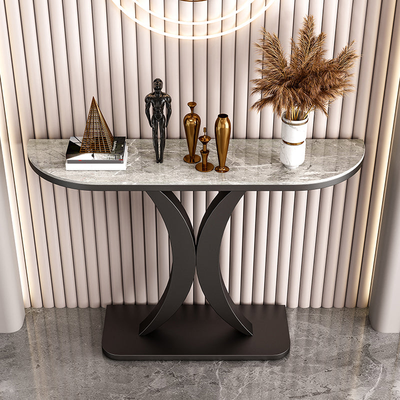 Glam Half Moon Accent Table with Stone Top and Iron Pedestal Base