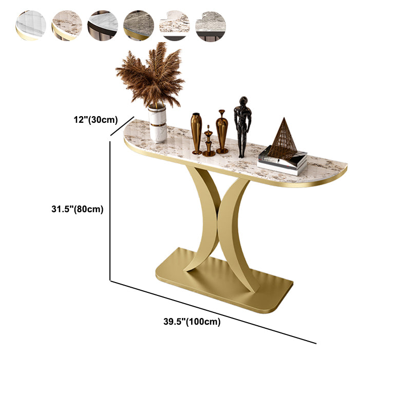 Glam Half Moon Accent Table with Stone Top and Iron Pedestal Base