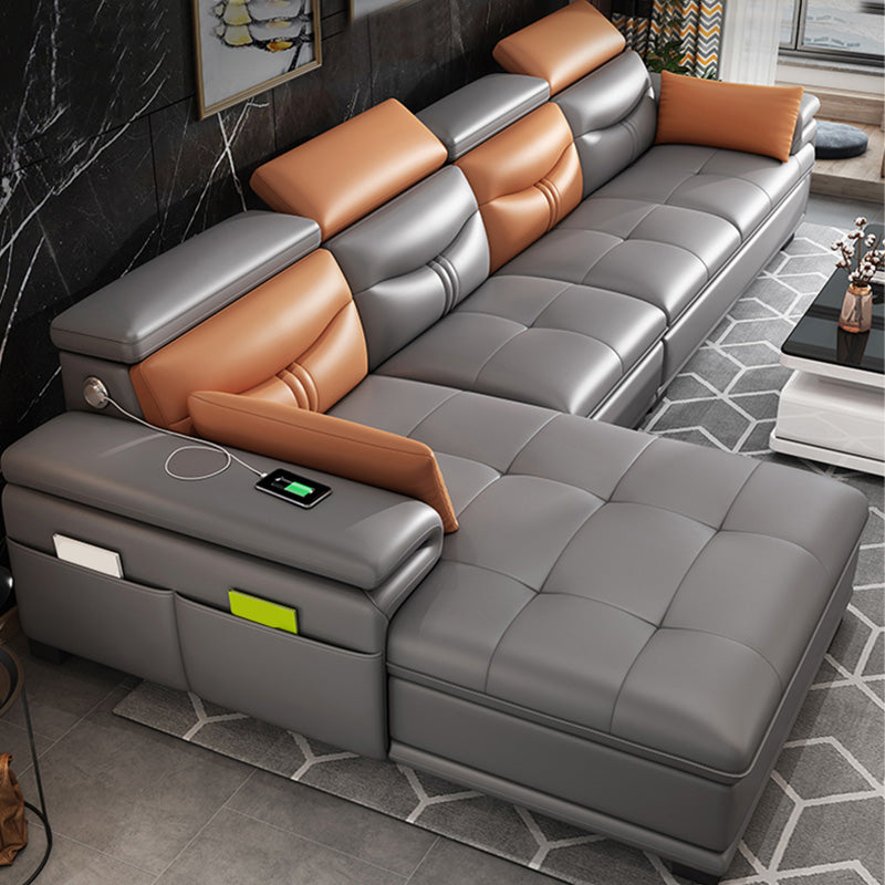 Gray Genuine Leather Sectional Sofa with Storage Bag Adjustable Sofa