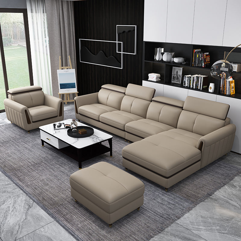 Scandinavian Stain-Resistant Genuine Leather Light-grey Sofa & Chaise