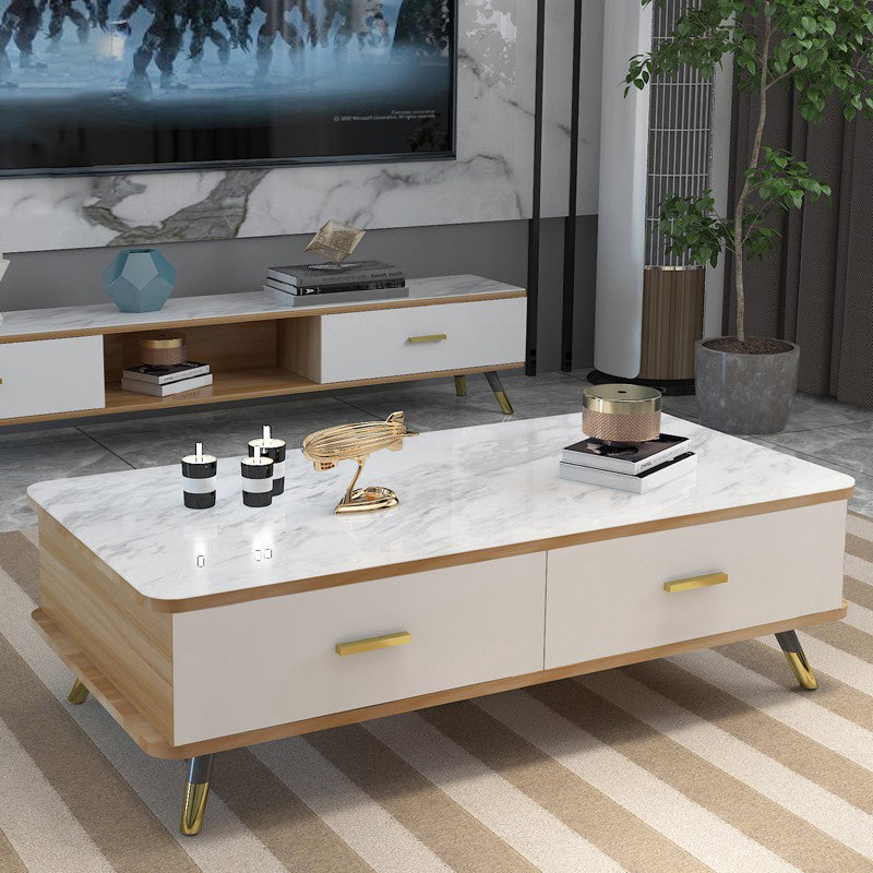 Contemporary Glass Top Coffee Table with 2 Drawers and 4 Legs