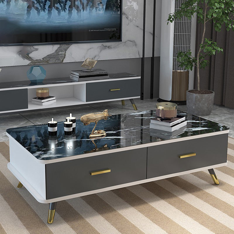 Contemporary Glass Top Coffee Table with 2 Drawers and 4 Legs