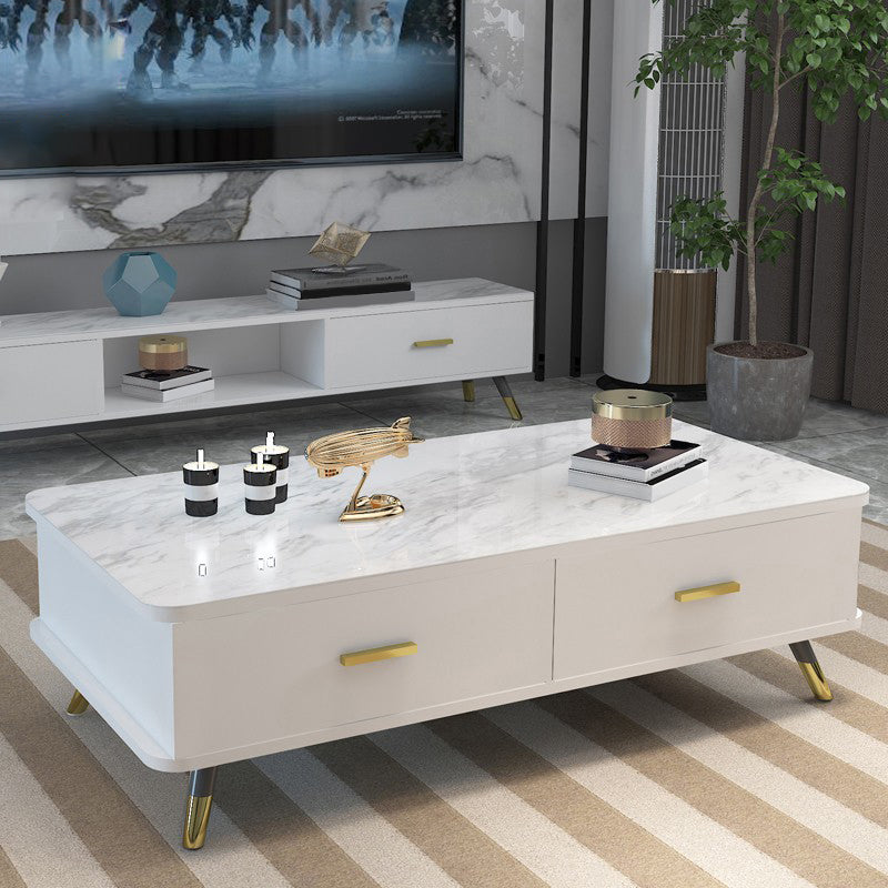 Contemporary Glass Top Coffee Table with 2 Drawers and 4 Legs