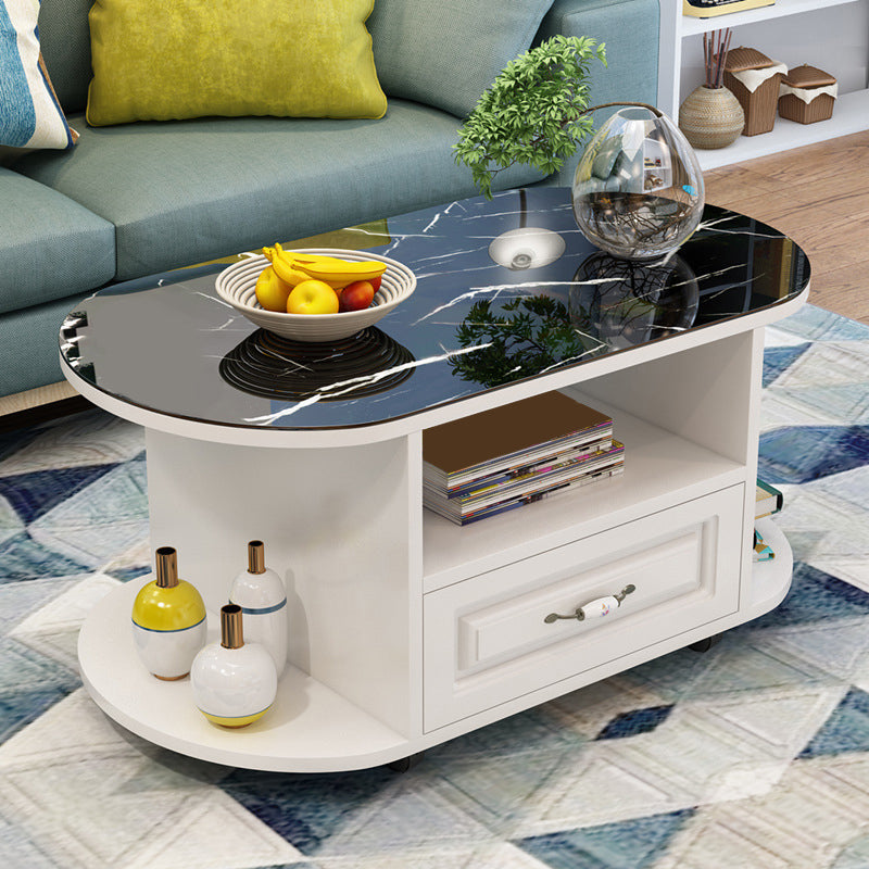 modern oval gals top coffee table with shelf and drawer and Casters