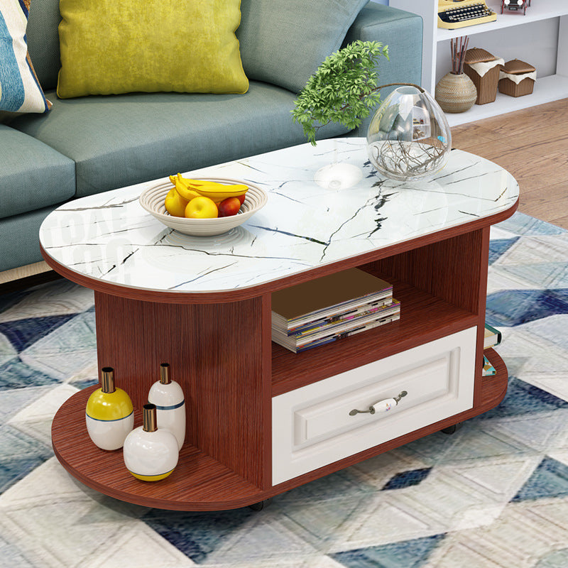 modern oval gals top coffee table with shelf and drawer and Casters
