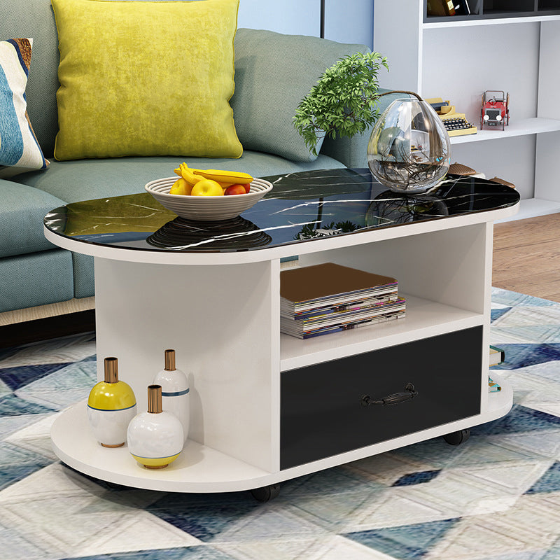 modern oval gals top coffee table with shelf and drawer and Casters