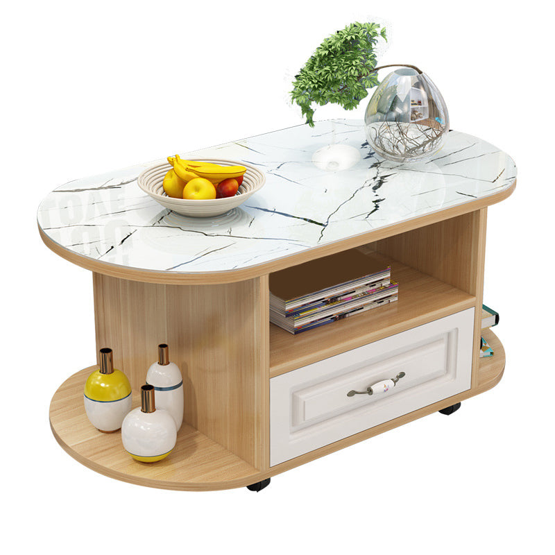modern oval gals top coffee table with shelf and drawer and Casters