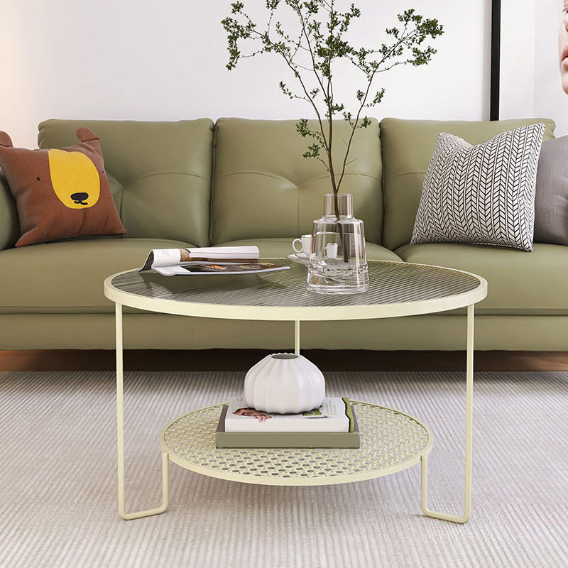 Contemporary Cocktail Table with Glass Top and Iron Base and Shelf