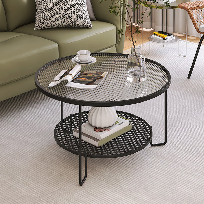 Contemporary Cocktail Table with Glass Top and Iron Base and Shelf