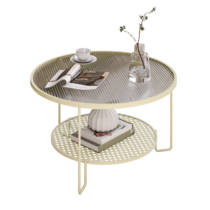 Contemporary Cocktail Table with Glass Top and Iron Base and Shelf