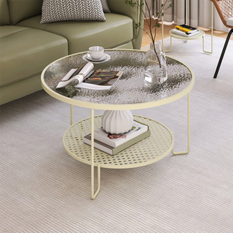 Contemporary Cocktail Table with Glass Top and Iron Base and Shelf