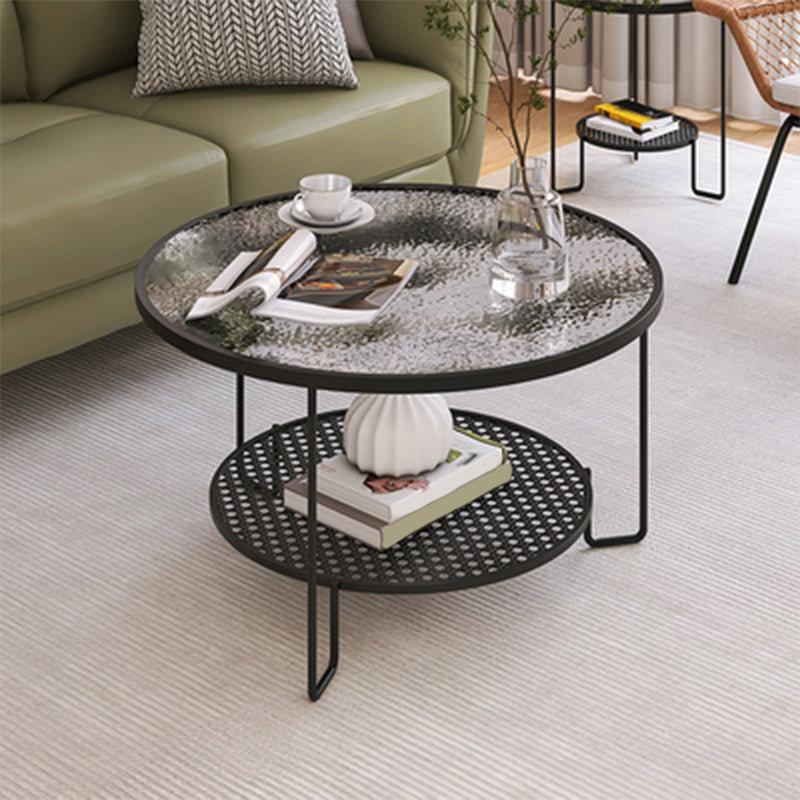 Contemporary Cocktail Table with Glass Top and Iron Base and Shelf