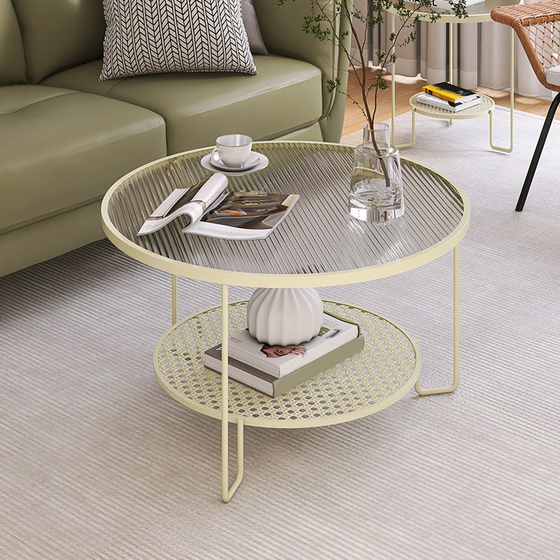 Contemporary Cocktail Table with Glass Top and Iron Base and Shelf