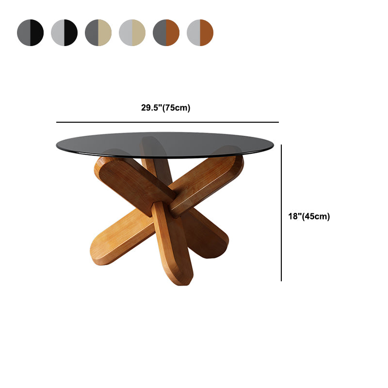 Modern Round Glass Top Coffee Table with Abstract Wooden Leg