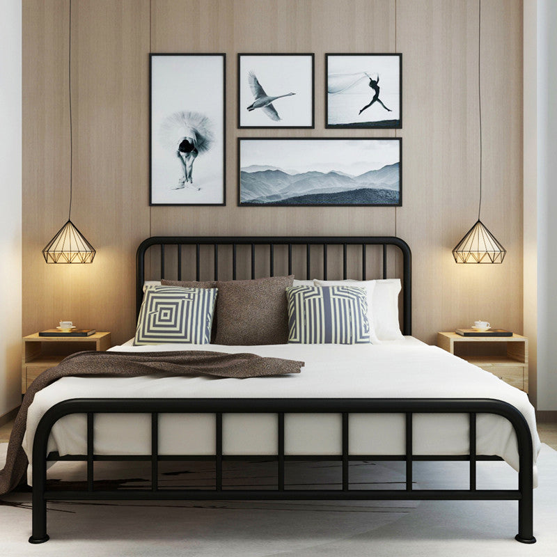 Contemporary Minimalist Bed with Open Frame Headboard Metal Bed Frame