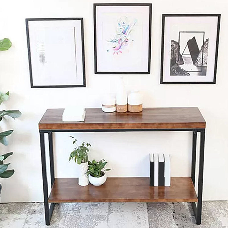 Storage Console Table Trestle Solid Wood Console Table in Brone with Shelf