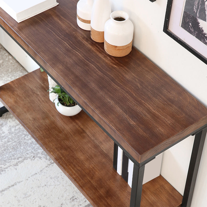 Storage Console Table Trestle Solid Wood Console Table in Brone with Shelf