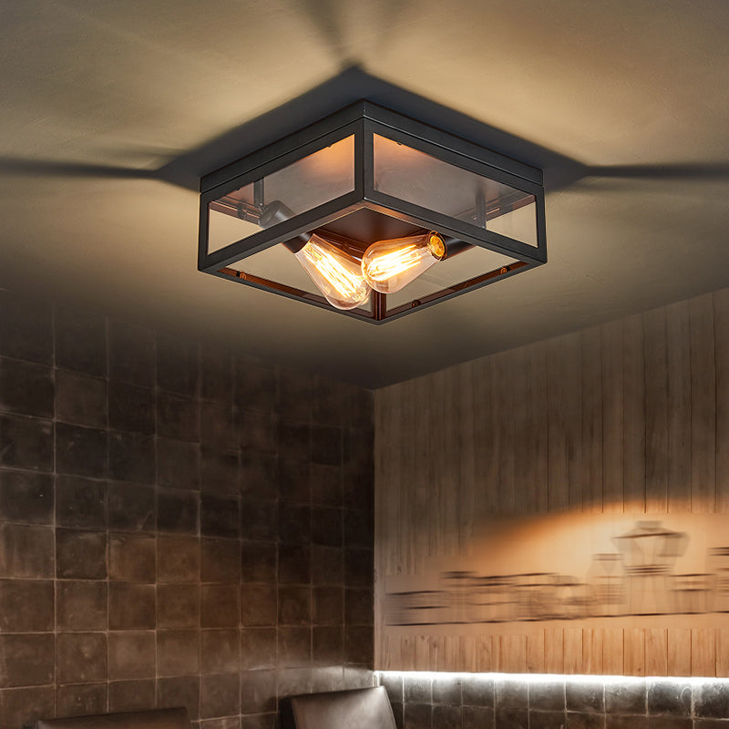 Metal Square Flush Mount Light Industrial 2 Lights Flush Mount Ceiling Fixture in Black
