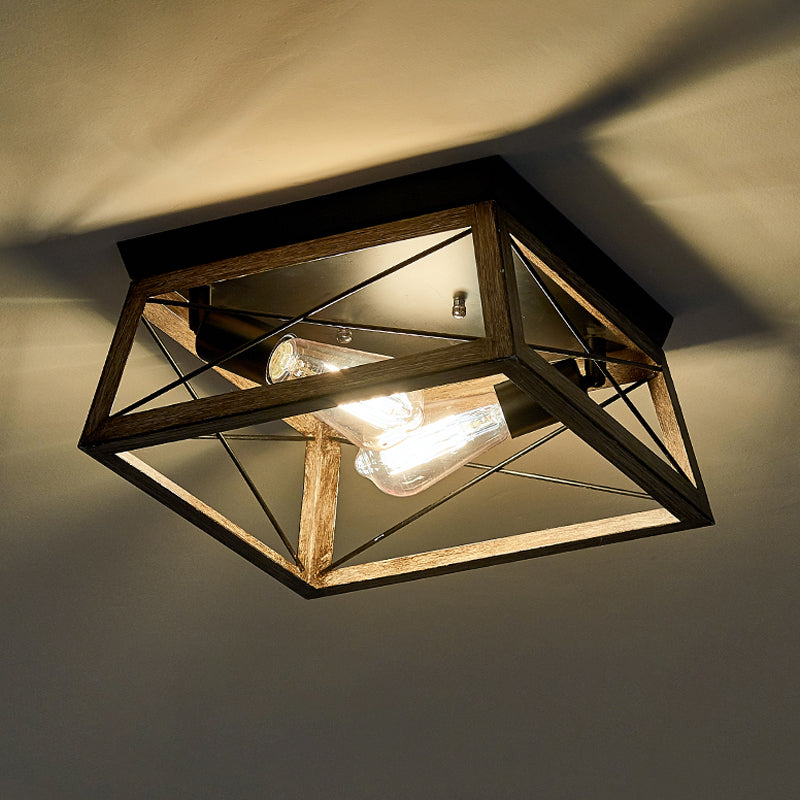 Metal Square Flush Mount Light Industrial 2 Lights Flush Mount Ceiling Fixture in Black