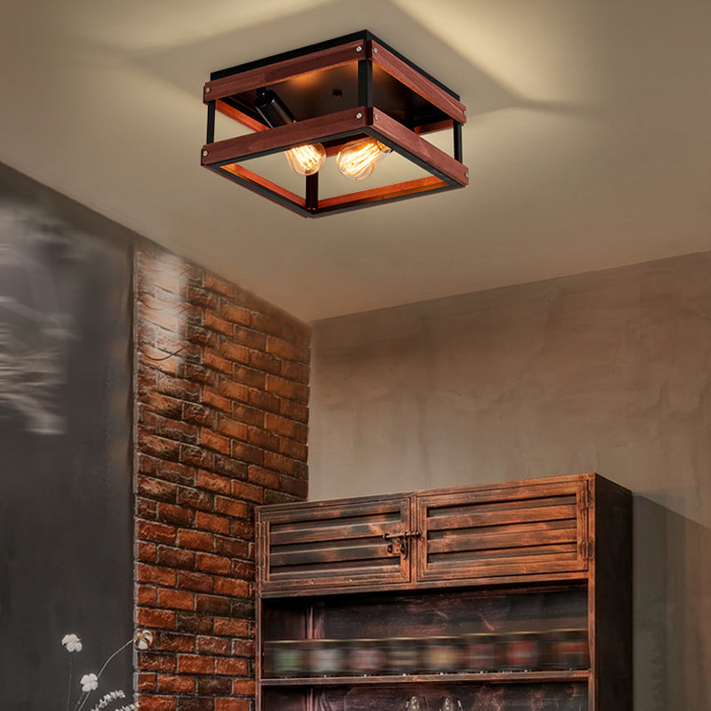 Metal Square Flush Mount Light Industrial 2 Lights Flush Mount Ceiling Fixture in Black