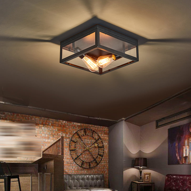 Metal Square Flush Mount Light Industrial 2 Lights Flush Mount Ceiling Fixture in Black