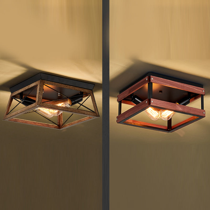 Metal Square Flush Mount Light Industrial 2 Lights Flush Mount Ceiling Fixture in Black