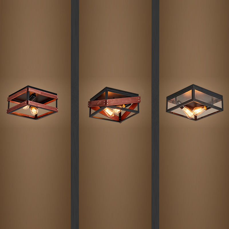 Metal Square Flush Mount Light Industrial 2 Lights Flush Mount Ceiling Fixture in Black