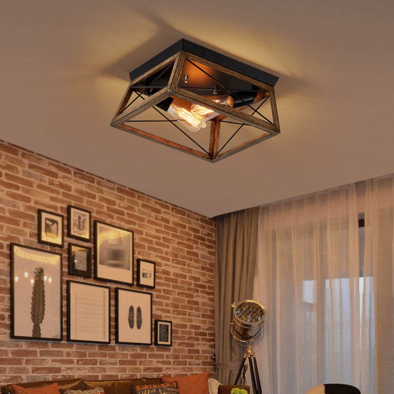 Metal Square Flush Mount Light Industrial 2 Lights Flush Mount Ceiling Fixture in Black