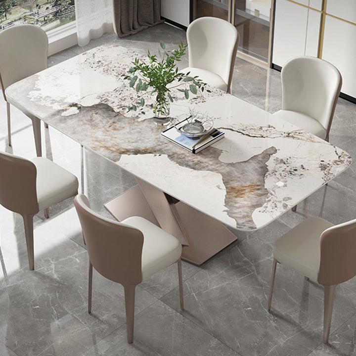 Stone Top Dining Table Rectangle Modern Table with Pedestal Base