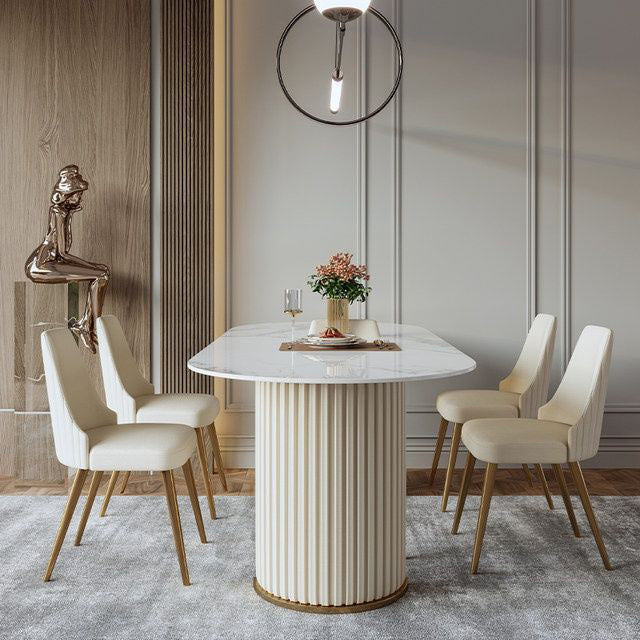 White Stone Dining Table Modern Oval or Free Form White Dining Table with Double Pedestal