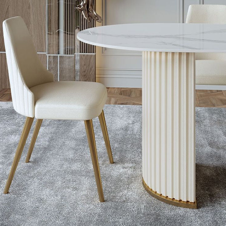 White Stone Dining Table Modern Oval or Free Form White Dining Table with Double Pedestal