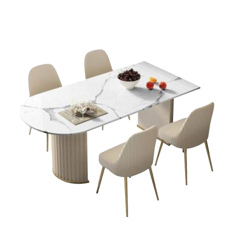White Stone Dining Table Modern Oval or Free Form White Dining Table with Double Pedestal
