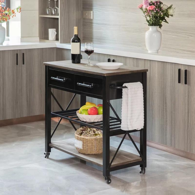 Modern Rolling Kitchen Cart Wood Kitchen Island Cart with Open Storage