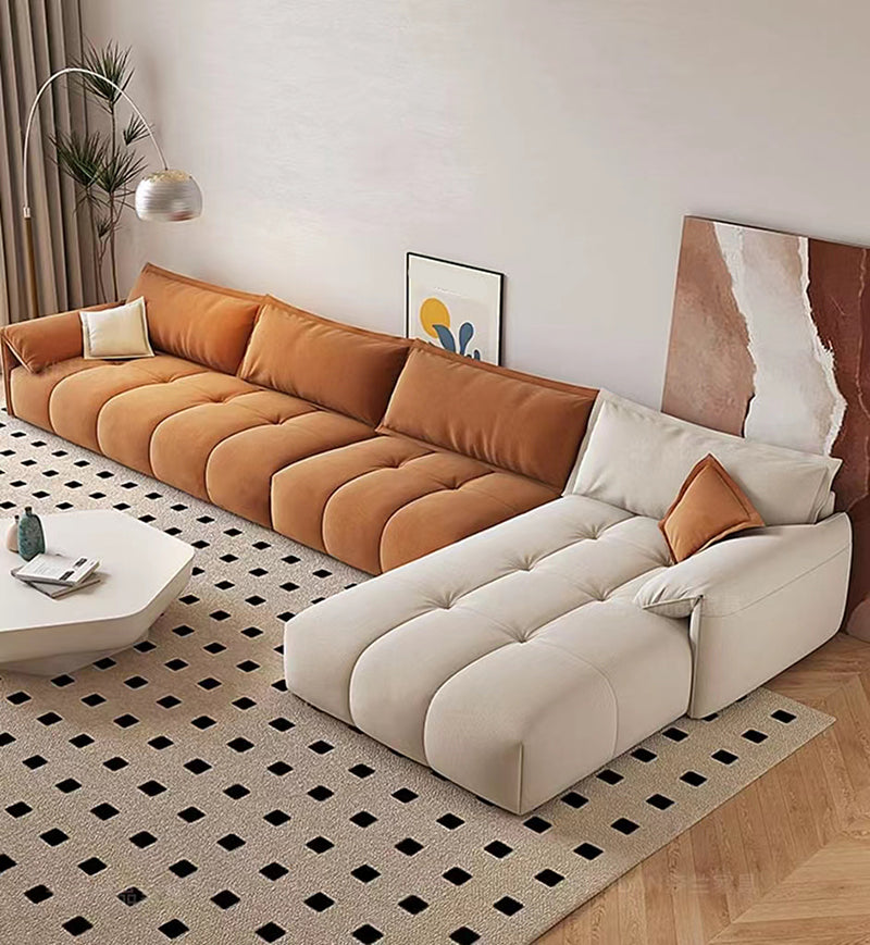 Tufted Loose Back Sofa with Chaise Nordic Pillow Top Arm Sofa in Orange and White